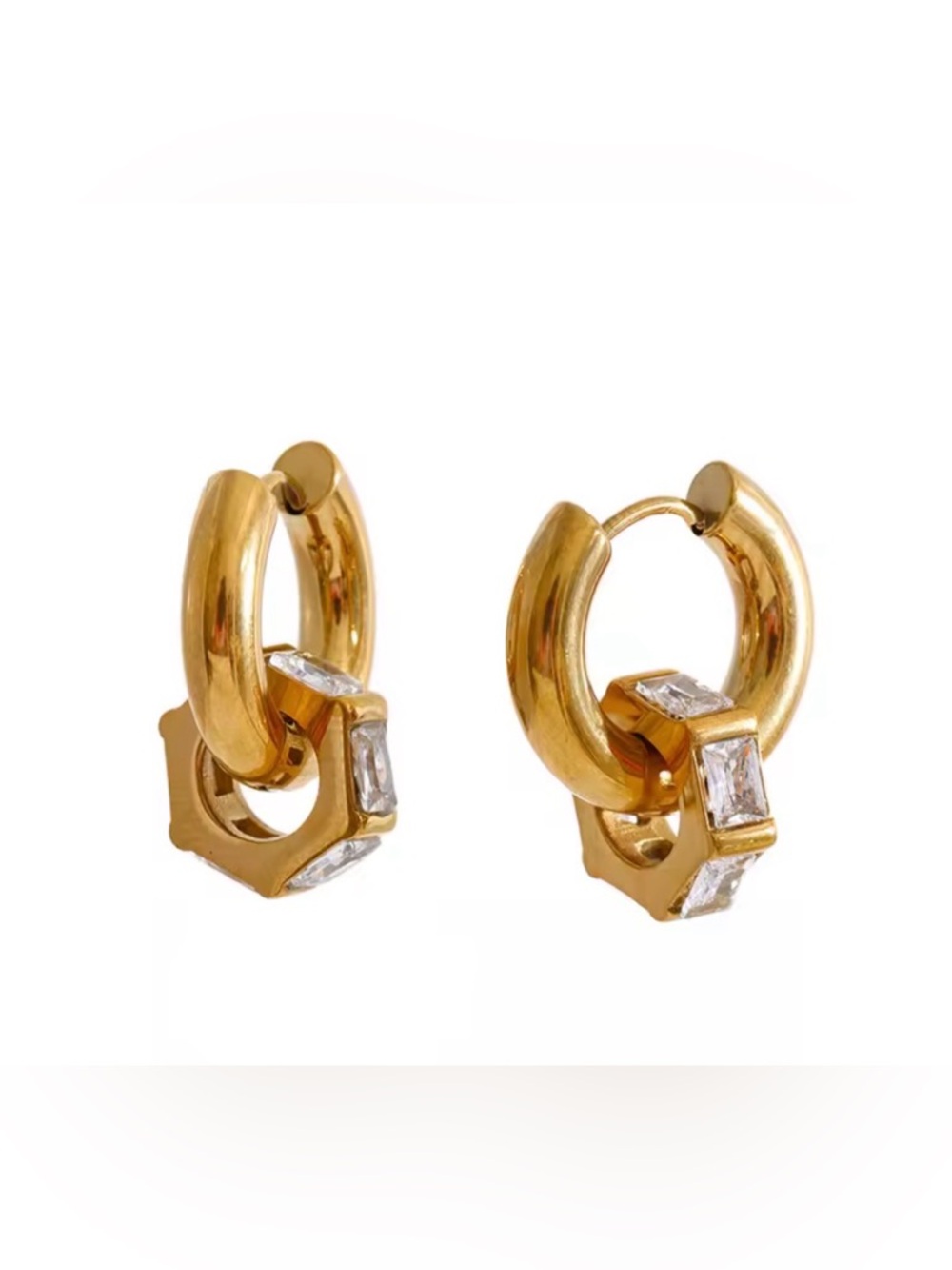 Gold Hoop Huggie Earrings with Baguette Crystal Accents - Women Jewelry